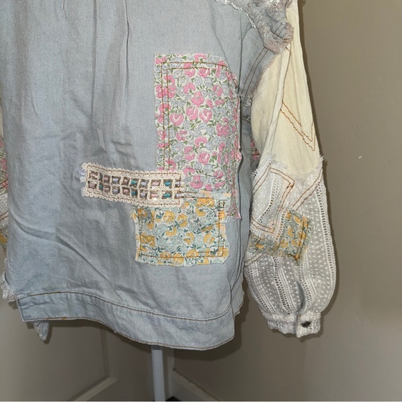 Patchwork Denim and Lace Jacket Distressed Boho Denim Shacket Mixed Floral Lace - Picture 11 of 17